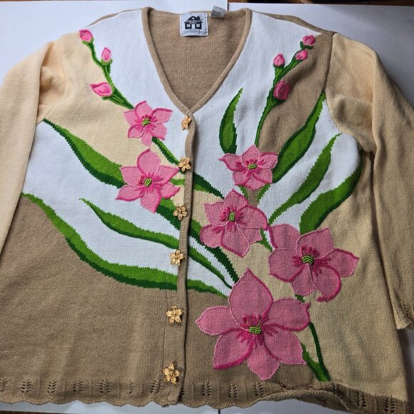 Vintage Storybook Knits Sweater With Pink Flowers and Flower Buttons - Picture 1 of 10